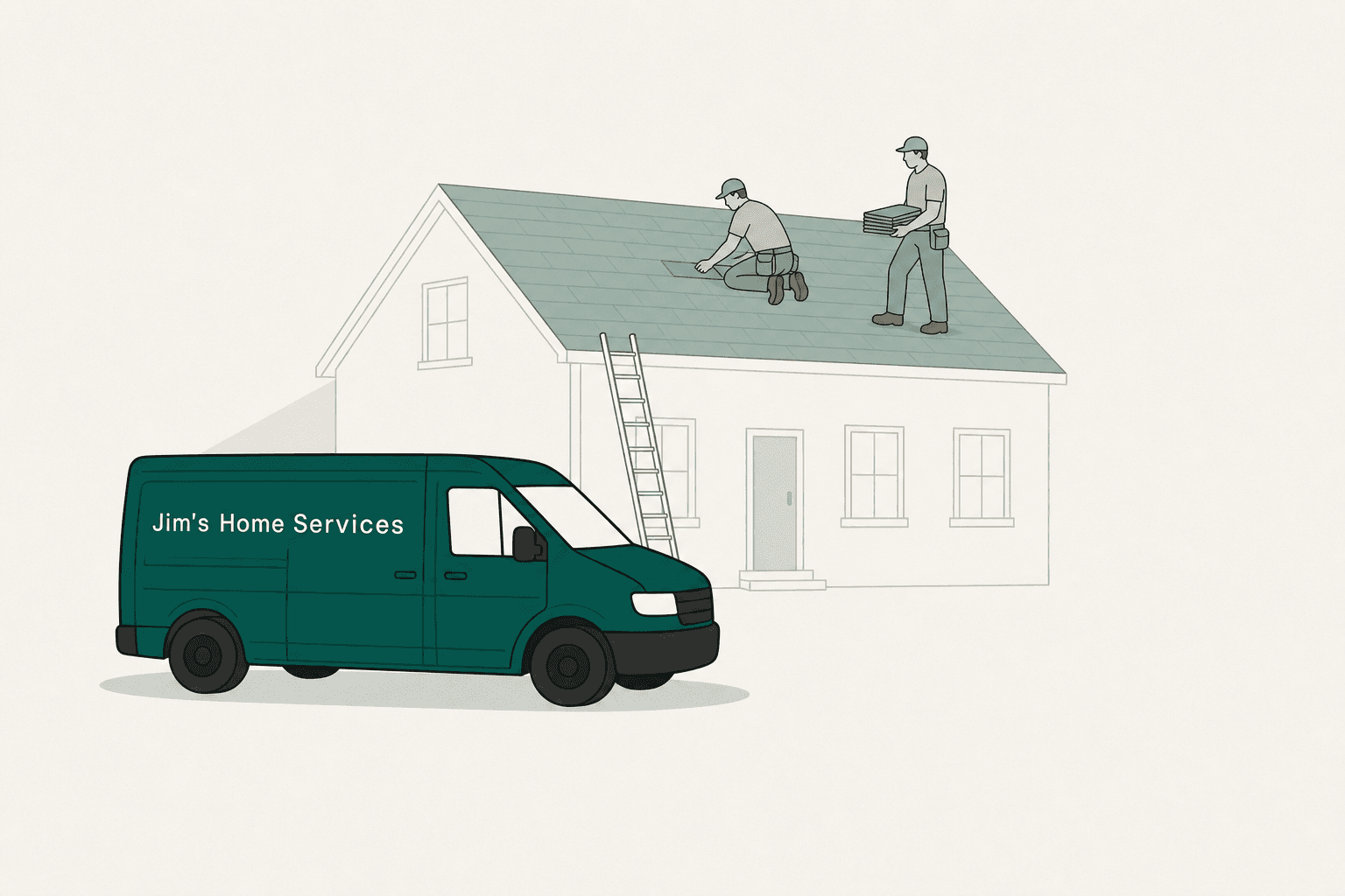 A roofing job at one house: a Jim's Home Services van in the driveway and two workers on the roof.