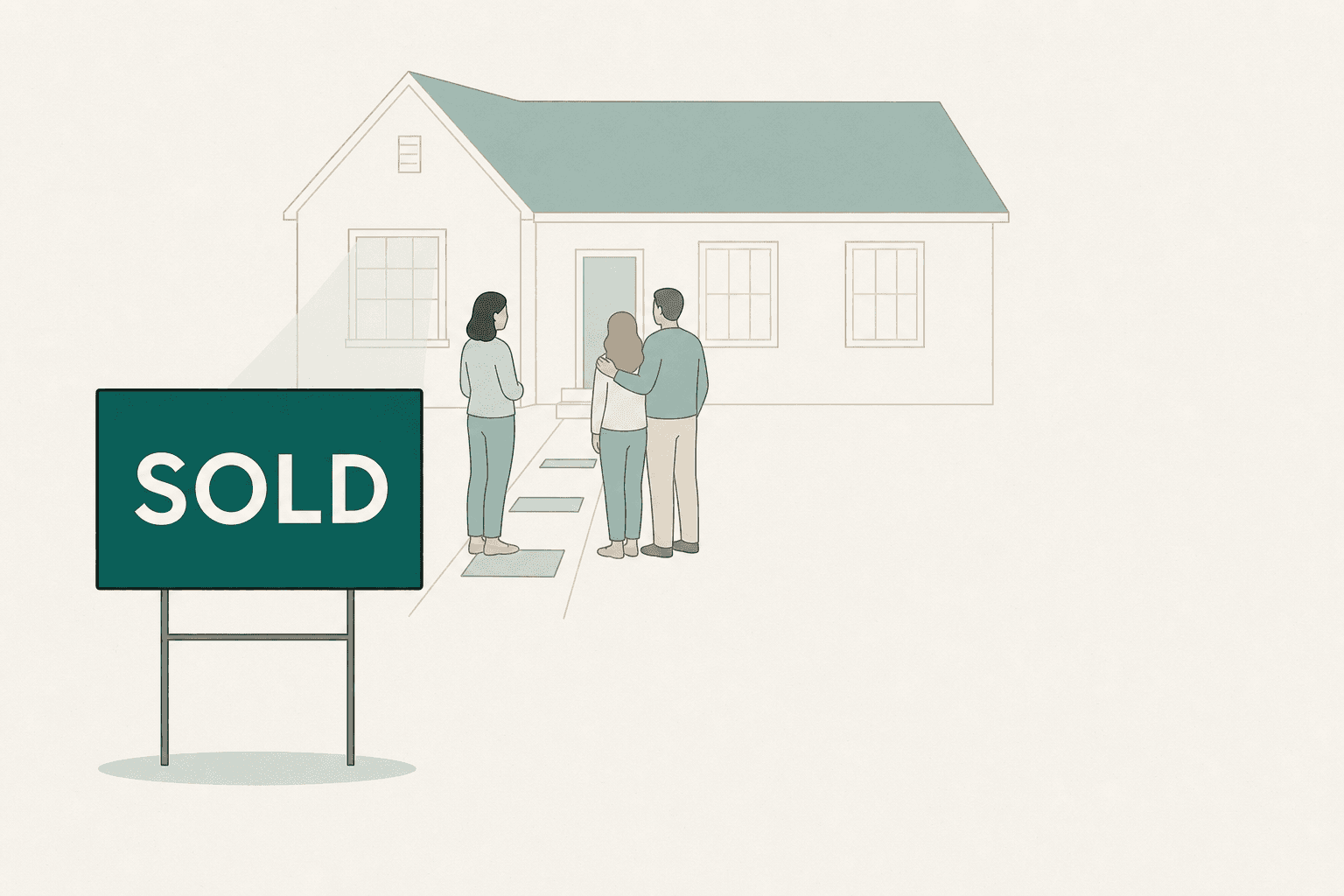 A sold household: an agent and a couple at a house with a SOLD yard sign.