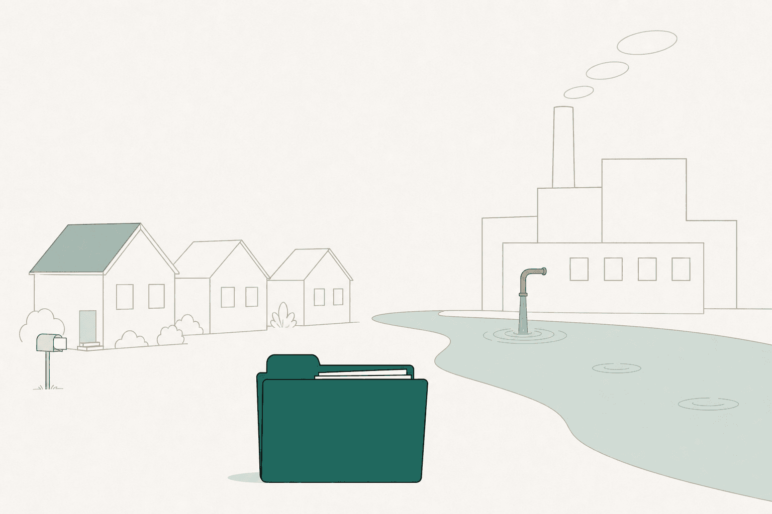 A neighborhood beside a factory discharging into a river, with a case file for mass-tort acquisition.