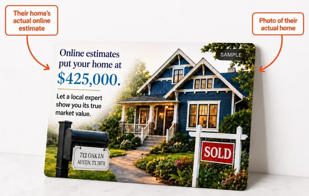 Sample personalized realtor postcard: an online home-value estimate and a photo of the recipient’s house, with callouts marking both.