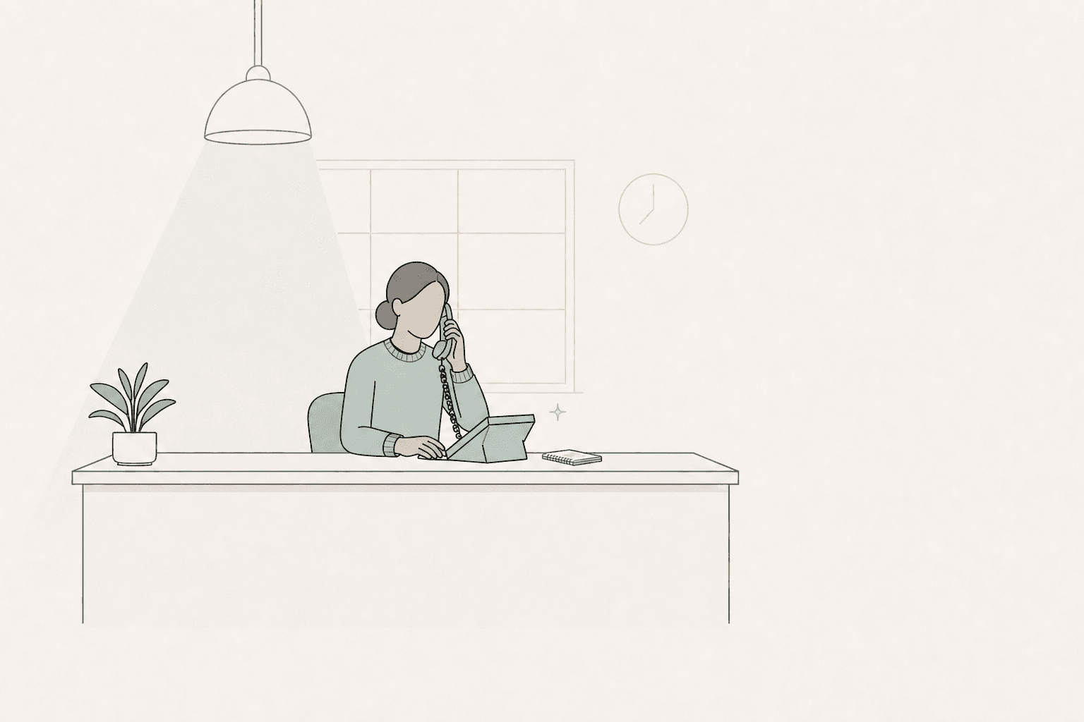 A receptionist covering the phone at a quiet after-hours desk.