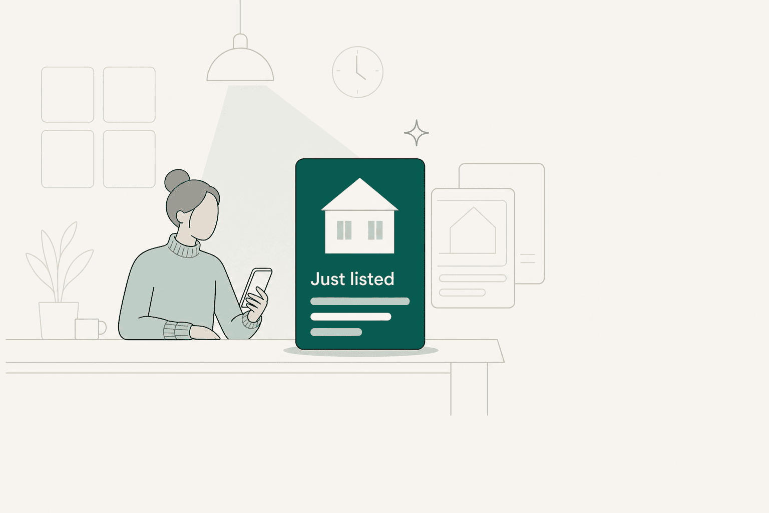 An AI-made listing post joining a feed: a teal Just listed card with a house well and caption bars.