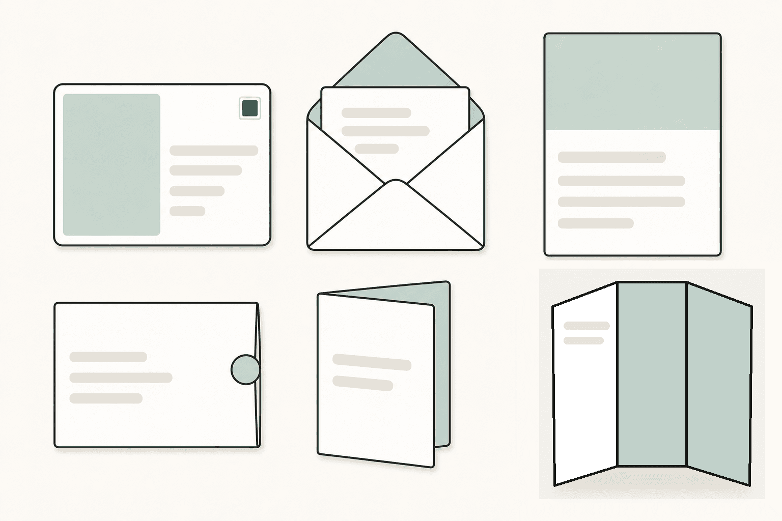 Diagram of six mail formats: postcard, letter in an envelope, flyer, self-mailer, bifold brochure, and a standard tri-fold brochure with three panels and two folds, shown as skeleton pieces with placeholder bars.