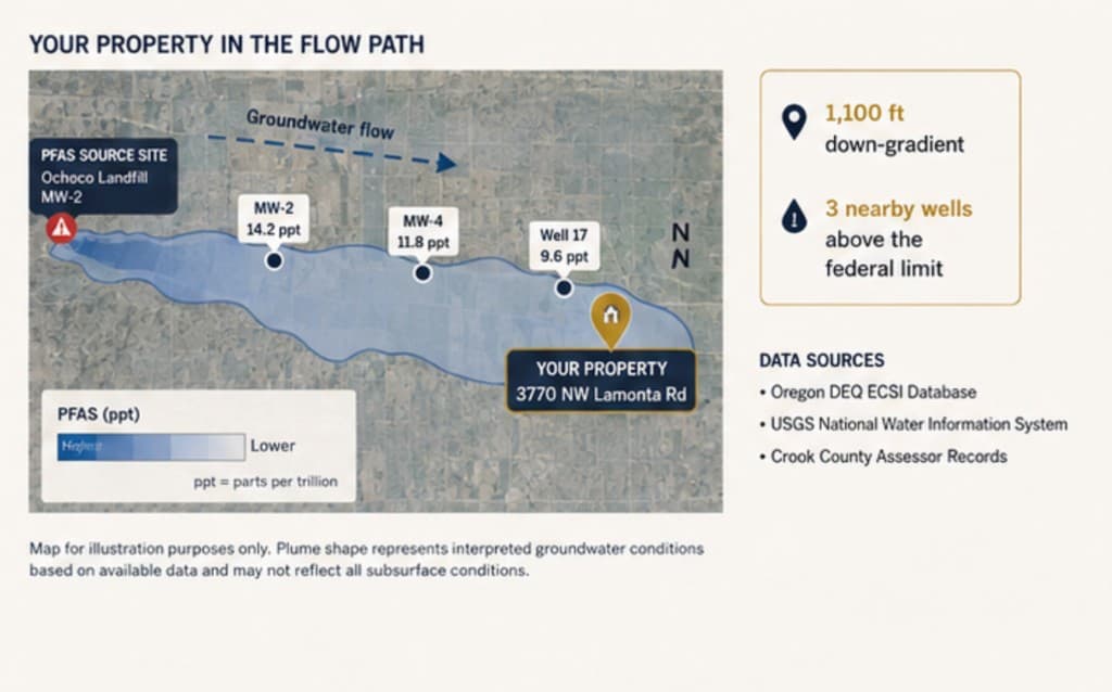 Sample mass-tort postcard: groundwater plume from a source site toward the recipient property, with well readings and distance.