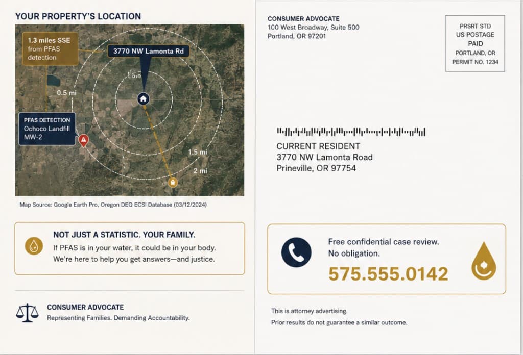 Sample mass-tort postcard, front and back: satellite map of the recipient property with distance to a PFAS detection, and a case-review reply side.